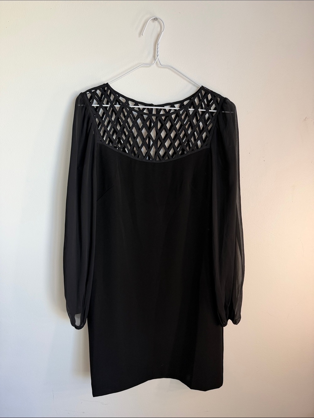 Black Long-Sleeve Sheath Dress with Lattice Yoke